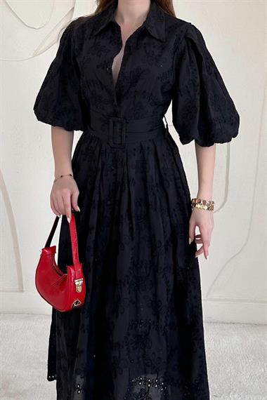 Siyah Balon Kollu Pileli Elbise