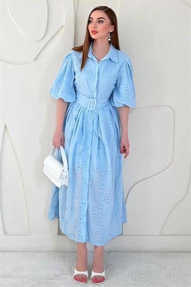 Mavi Balon Kollu Pileli Elbise