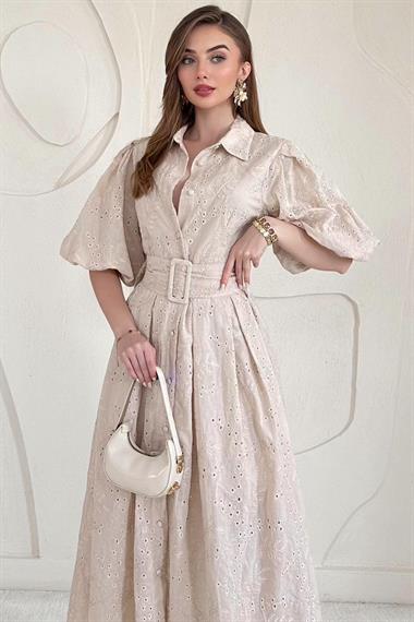 Bej Balon Kollu Pileli Elbise