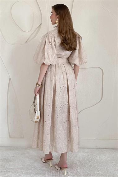 Bej Balon Kollu Pileli Elbise