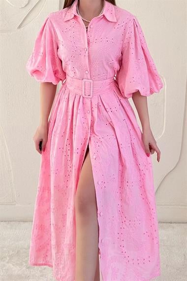 Pembe Balon Kollu Pileli Elbise