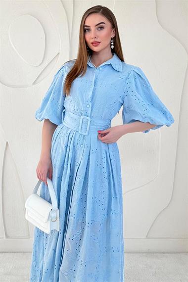 Mavi Balon Kollu Pileli Elbise