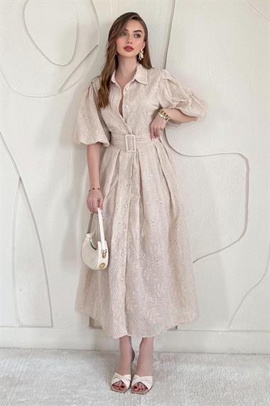 Bej Balon Kollu Pileli Elbise