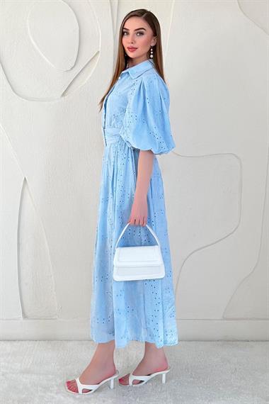 Mavi Balon Kollu Pileli Elbise