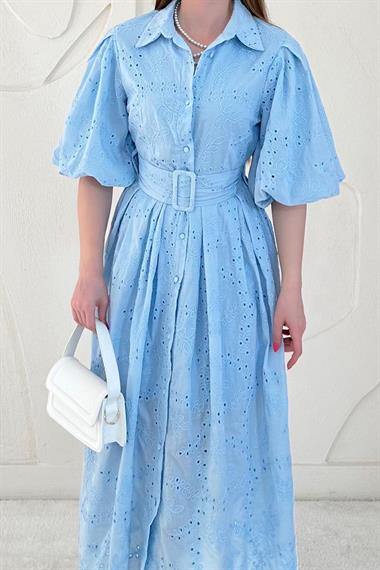 Mavi Balon Kollu Pileli Elbise