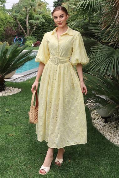 Sarı Balon Kollu Pileli Elbise