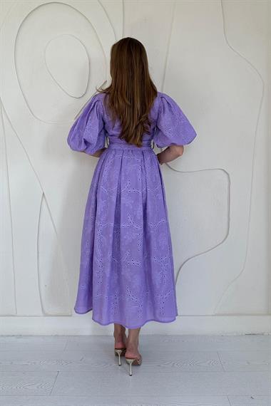Lila Balon Kollu Pileli Elbise