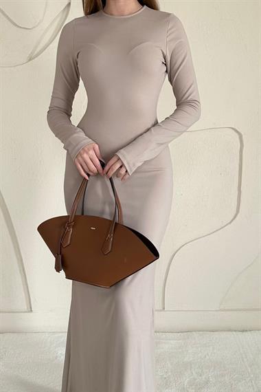 Bej Basic Kadın Midi Elbise