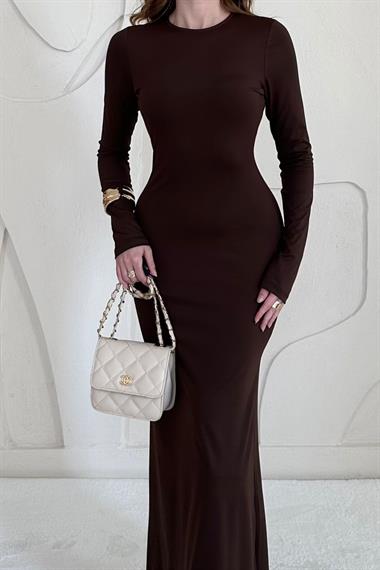 Kahverengi Basic Kadın Midi Elbise