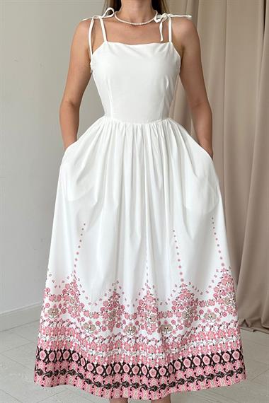 Beyaz Baskı Detaylı Askılı Elbise