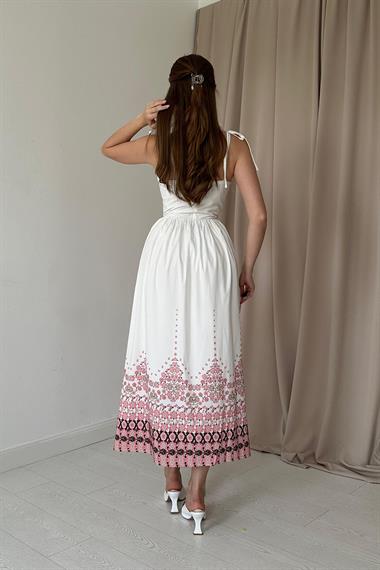 Beyaz Baskı Detaylı Askılı Elbise