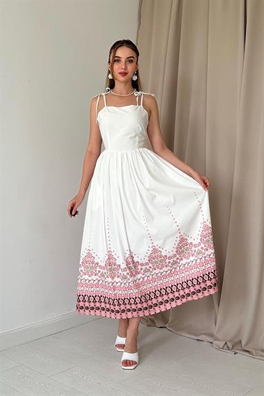 Beyaz Baskı Detaylı Askılı Elbise