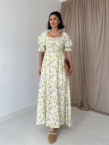 Sarı Baskılı Gipe Detaylı Elbise