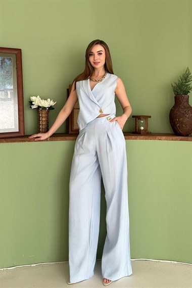 Bebe Mavi Asimetrik Yelek Ve Pantolon Takım