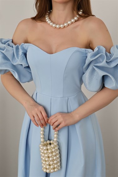 Bebe Mavi Kolları Balon Pileli Atlas Elbise