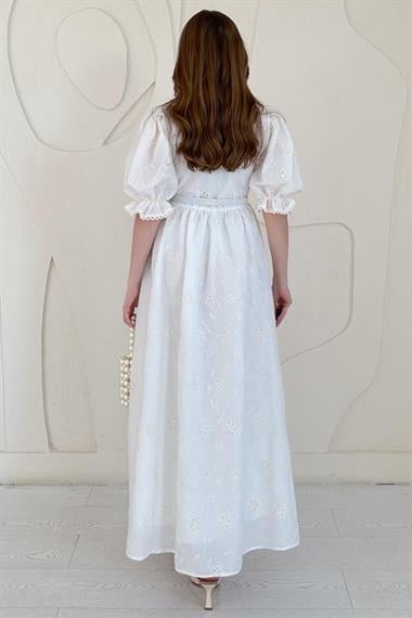 Bej Bebe Yaka Balon Kol Detaylı Brode Elbise