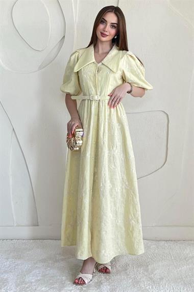 Sarı Bebe Yaka Kemer Detaylı Brode Elbise