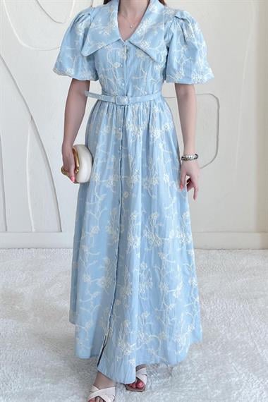 Mavi Bebe Yaka Kemer Detaylı Brode Elbise