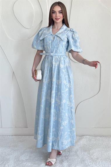 Mavi Bebe Yaka Kemer Detaylı Brode Elbise