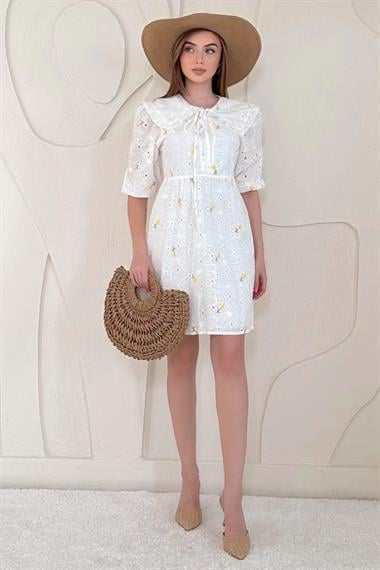 Sarı Bebe Yakalı Brode Elbise