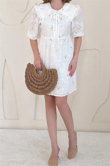 Sarı Bebe Yakalı Brode Elbise