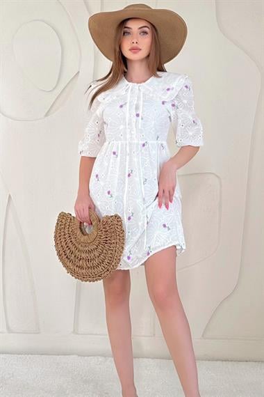 Lila Bebe Yakalı Brode Elbise