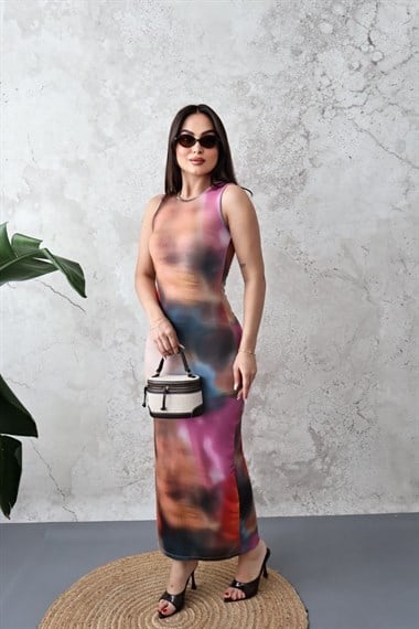 Bej Batik Desenli Elbise