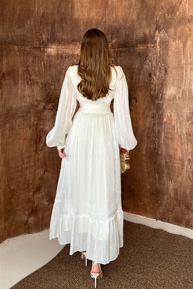 Bej Bel Büzgülü Elbise