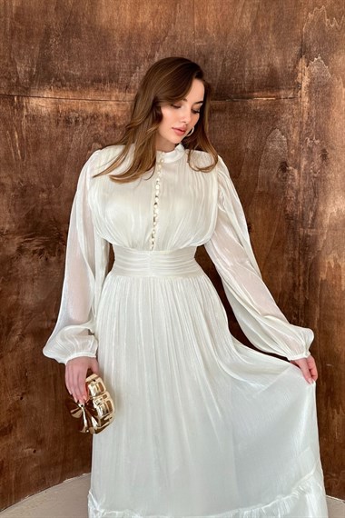 Bej Bel Büzgülü Elbise