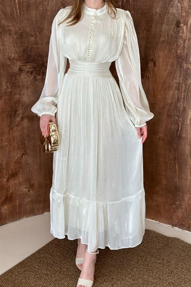 Bej Bel Büzgülü Elbise