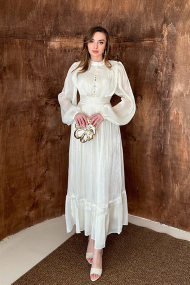 Bej Bel Büzgülü Elbise