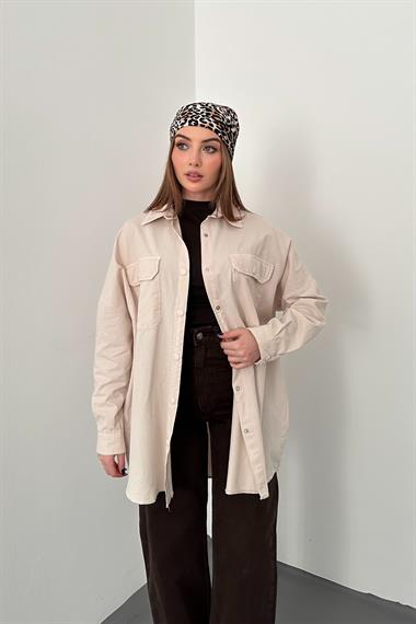 Bej Çift Cep Kapaklı Çıtçıtlı Gömlek