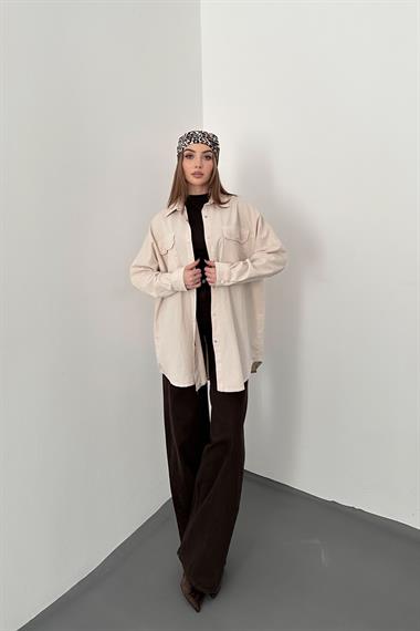 Bej Çift Cep Kapaklı Çıtçıtlı Gömlek