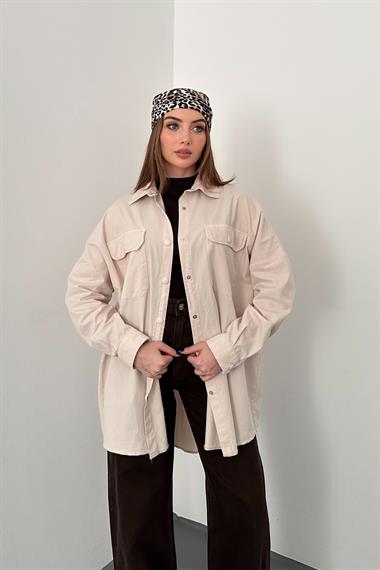 Bej Çift Cep Kapaklı Çıtçıtlı Gömlek