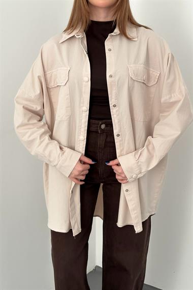 Bej Çift Cep Kapaklı Çıtçıtlı Gömlek