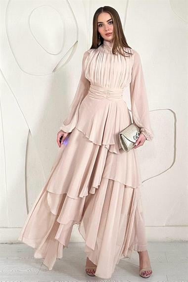 Bej Dik Yaka Bel Detaylı Elbise