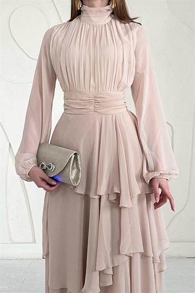 Bej Dik Yaka Bel Detaylı Elbise