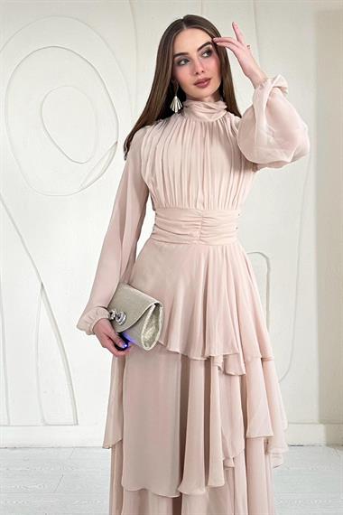 Bej Dik Yaka Bel Detaylı Elbise