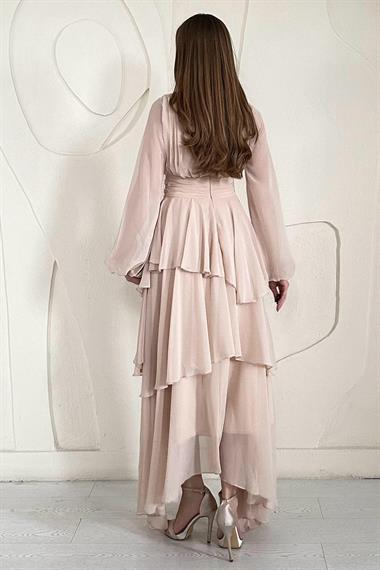 Bej Dik Yaka Bel Detaylı Elbise