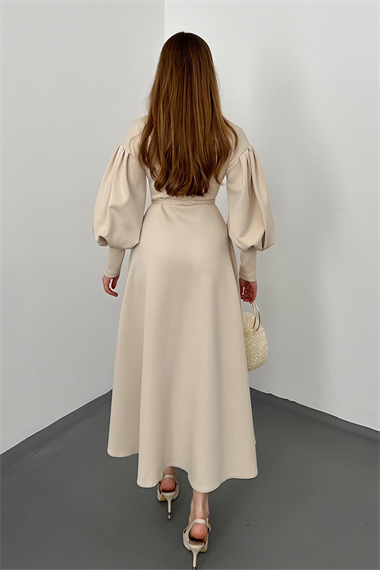 Bej Gül Detaylı Scuba Elbise