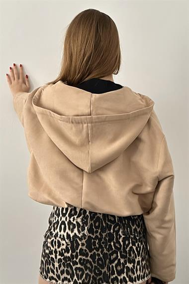 Bej Kapüşonlu Bomber Süet Ceket