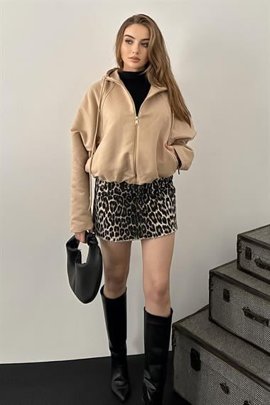 Bej Kapüşonlu Bomber Süet Ceket
