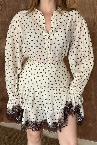 Bej Puantiyeli Dantelli Takım