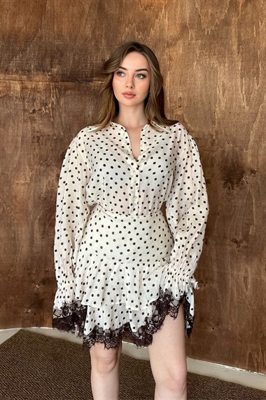 Bej Puantiyeli Dantelli Takım