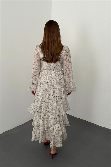 Bej Puantiyeli Şifon Kat Elbise