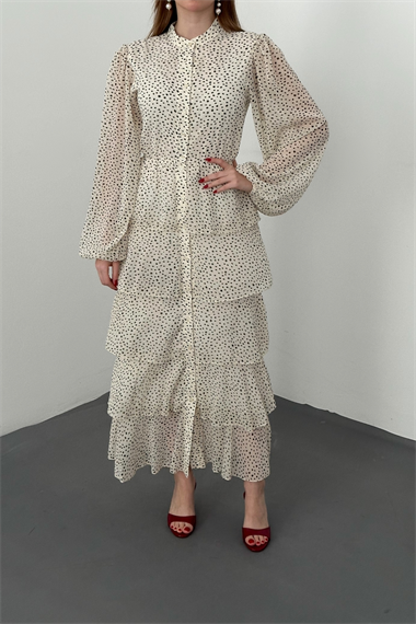 Bej Puantiyeli Şifon Kat Elbise