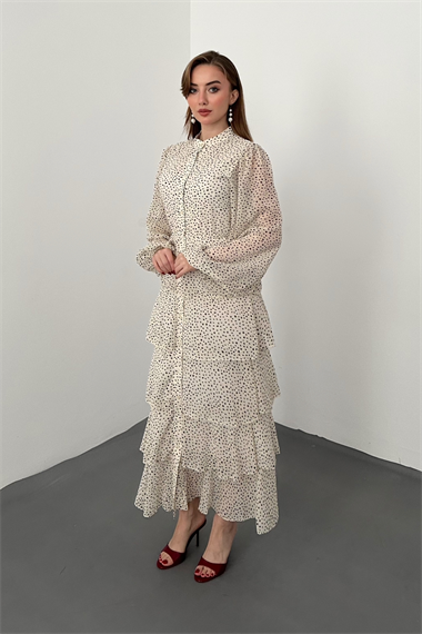 Bej Puantiyeli Şifon Kat Elbise
