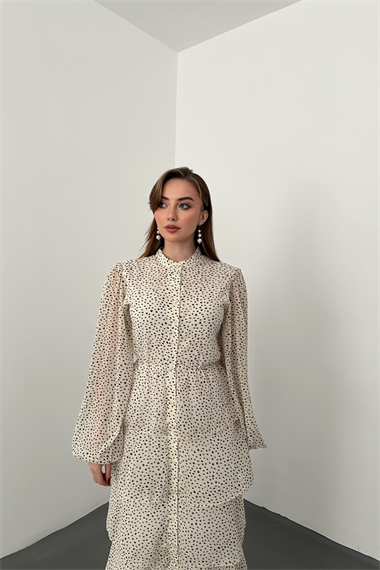 Bej Puantiyeli Şifon Kat Elbise