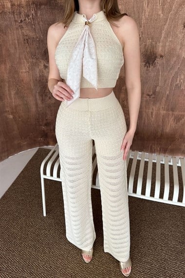 Bej Şal Detay Triko Takım