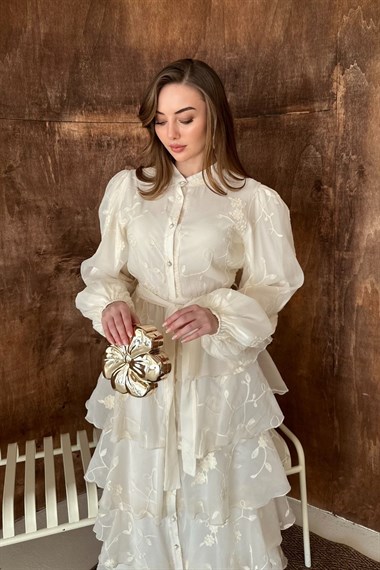 Bej Volanlı Kat Kat Elbise